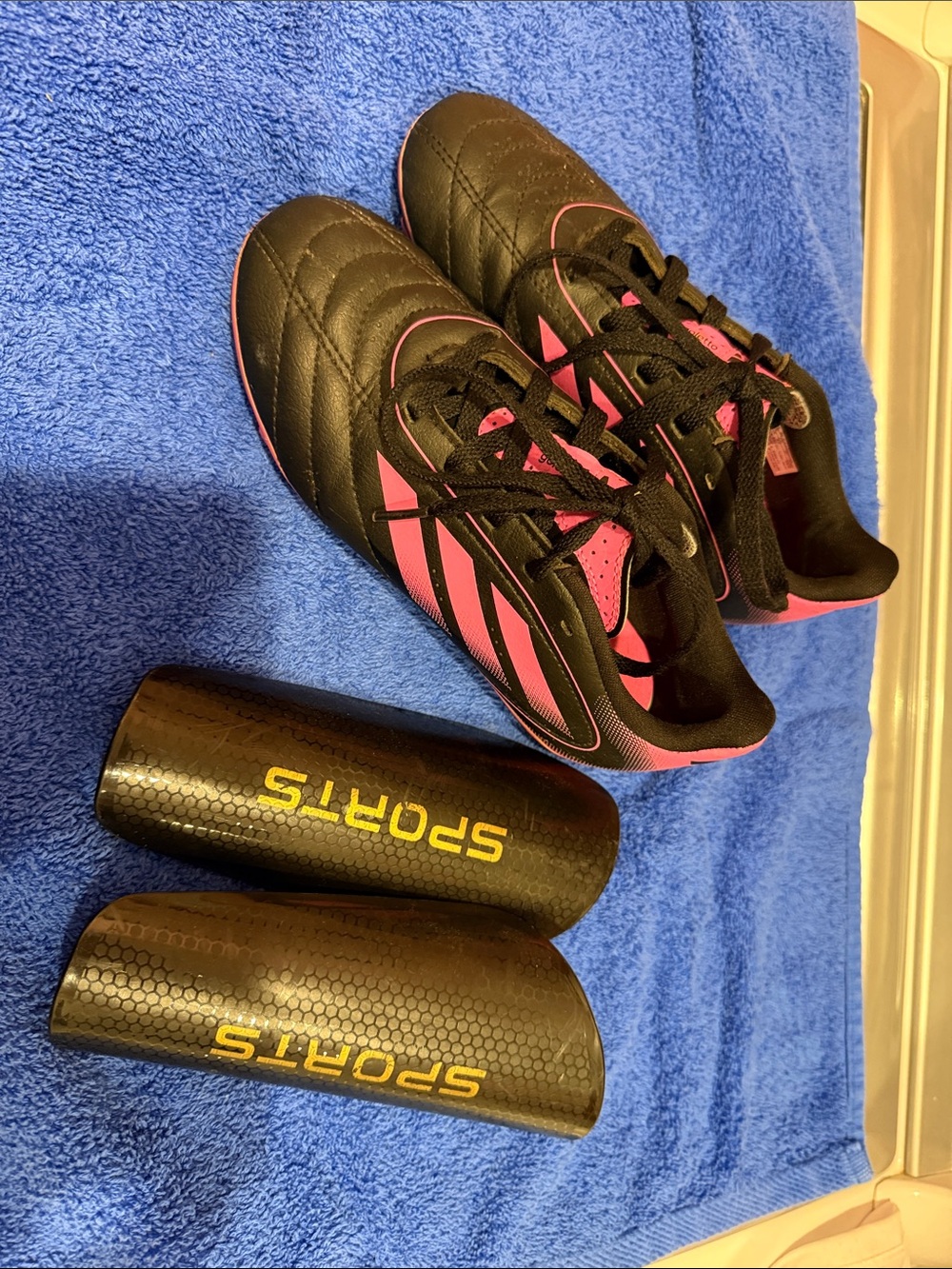 adidas Kids Black and Pink Soccer Sneakers with Shin Guards